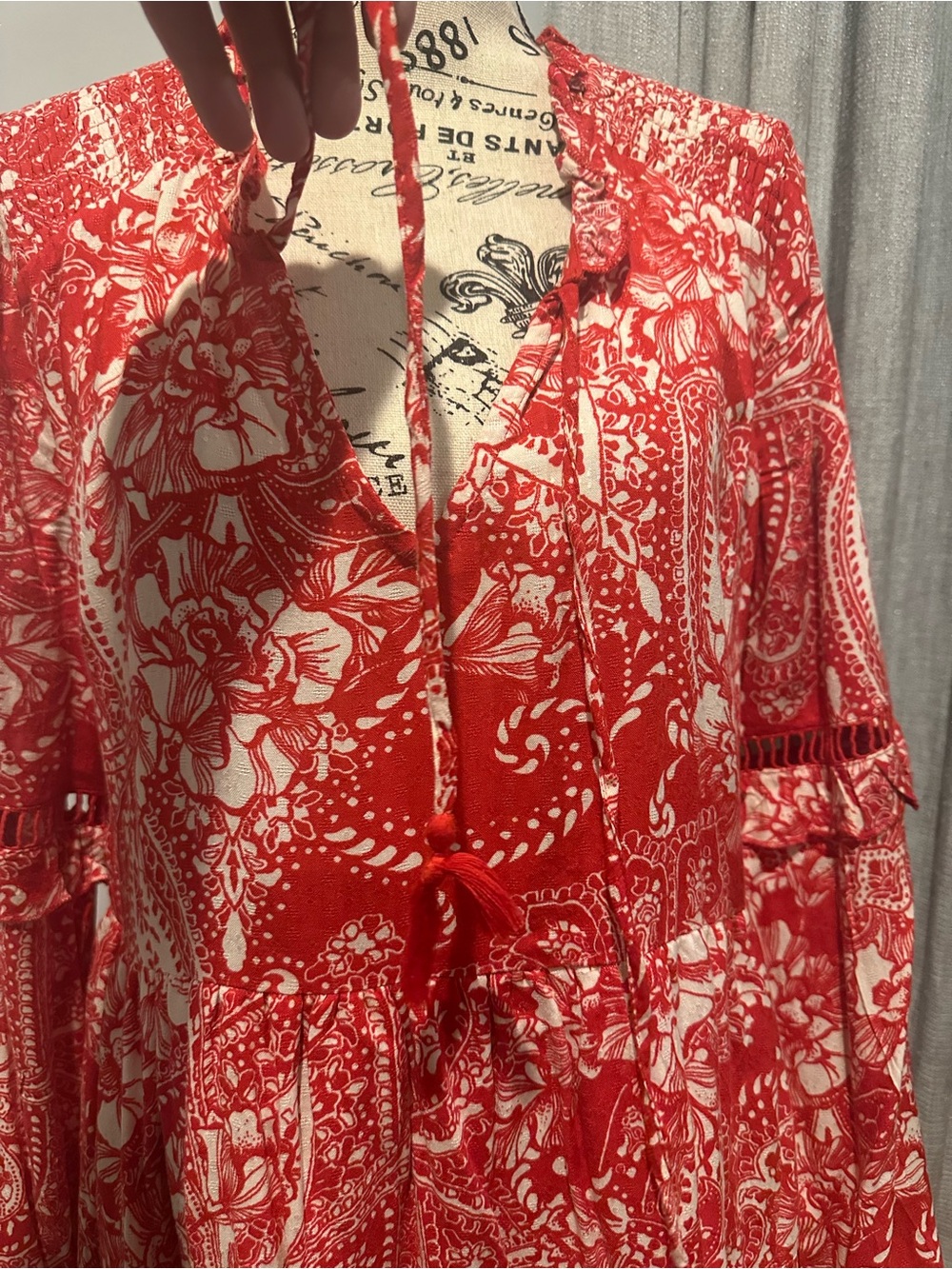 Red Paisley Floral Mini Dress with Ruffle Details - Picture 3 of 6